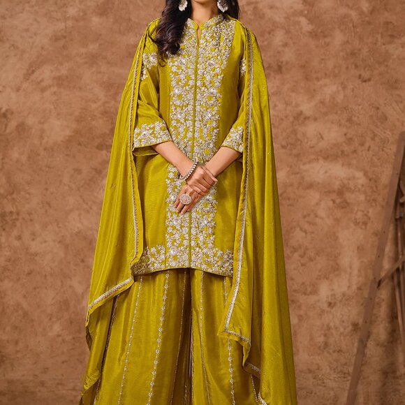 Pakistan Reception Wear Chinnon Silk Festive Embroidered Palazzo Style Suit - Picture 1 of 4